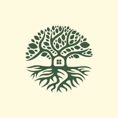 a tree with roots and a house in the center, on a white background illustration