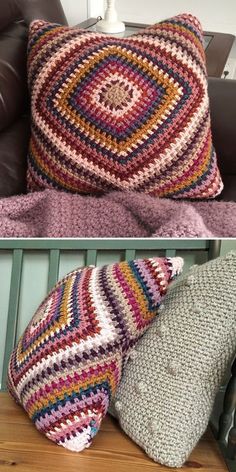 Gorgeous Textured Colorful Crochet Pillows. This pretty pillow in the pictures below was made by Dayna Perry and it's a removable pillow case, that is designed to make you get rid of your yarn scraps. It will add so much coziness into your home! What's more, it's super comfy and easy to clean. #freecrochetpattern #pillow #cushion Square Pillow Crochet Pattern, Cushion Cover Crochet Pattern, Crochet European Pillow Cover, Knitted Cushions Free Patterns, Granny Square Pillow Cover Free Pattern, Crochet Pillow Covers Free Pattern, Granny Square Pillow Pattern Free, Crochet Throw Pillow Pattern Free, Crochet Cushion Cover Pattern Free