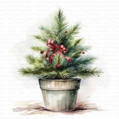 a watercolor painting of a potted christmas tree with red bows and berries on it