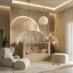 a baby's room is decorated in neutral colors and features white furniture, round lights, and large windows