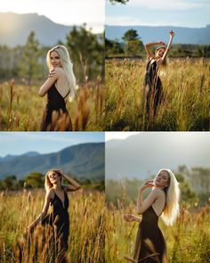 three photos of a woman in a field with mountains in the background and grass blowing in the foreground