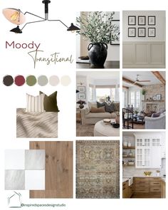 the mood board is full of neutrals and whites for this home decorating project