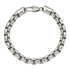 "You're sure to love the distinctive style of this men's stainless steel chain bracelet. You're sure to love the distinctive style of this men's stainless steel chain bracelet. Length: 9 in. Clasp: lobster claw Metal: stainless steel Finish: polished Packaging: boxed Please note, due to the high value of this item, a signature may be required upon delivery. Size: 9"". Color: White. Gender: male. Age Group: adult." Classic Metal Charm Bracelet With Solid Links, Classic Silver Chain Metal Bracelet, Classic Stainless Steel Chain Bracelet, Classic Stainless Steel Oval Link Bracelet, Classic Chain Link Bracelet With Stainless Steel Clasp, Classic Metal Bracelet With Box Chain, Classic Cuban Link Bracelet With Stainless Steel Clasp, Classic Stainless Steel Chain Link Bracelet, Classic Metal Box Chain Bracelets