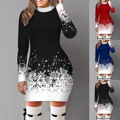 $10.80 Long Sleeve Dress Formal Round Snowflake Neck Printed Christmas Long-Sleeved Party Women'S Womens Long Sleeve Tunic Dress Dress Elegant Casual, Bodycon Dress Elegant, Party Bodycon Dress, 2024 Dresses, Mid Dress, Christmas Dress Women, Party Clothes, Warm Dresses, Elegant Casual