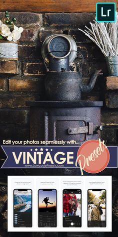 an advertisement for a vintage photo shop with old fashioned appliances and flowers on the counter