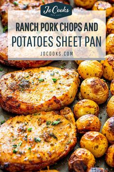 potatoes and pork chops on a sheet pan with text overlay