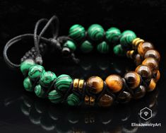 "Men's Bracelet Natural Malachite & Tiger Eye Beaded Men's Bracelet Women's Bracelet Crystal Bracelet Father's Day Gift Gift For Boyfriend -ALL THE PRODUCTS AT ELISAJEWELRYART ARE HANDMADE AND MADE WITH NATURAL BEADS. -WHAT DOES THE MALACHITE STAND FOR Malachite is a stone of balance, abundance, manifestation and intention. Malachite absorbs energy and draws emotions to the surface. It clears and activates all Chakras, and is especially helpful in the stimulation of the Heart and Throat Chakras. Abundance Manifestation, Cardboard Jewelry Boxes, Tiger Eye Bracelet, Blue Tigers Eye, Bracelet Crystal, Les Chakras, Tiger Eye Beads, Men's Bracelet, Gift For Boyfriend