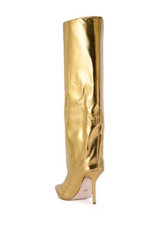 Calling all the socialites, The AZALEA WANG Rebelite Gold Stiletto Boot is a must-have for your shoe-drobe. This hot boot boasts a faux metallic leather upper, a square toe, a below-the-knee shaft, tonal stitching, a slim stiletto heel, and a sculptural silhouette. Complete with an easy, step-in fit. Style with micro skirts and button down blouses to strut down the streets of Manhattan.  (all measurements taken from size 7.5) - Faux Leather Upper - Square Toe - Stiletto Heel - Below-The-Knee Shaft - 4” Heel Height - 15” Shaft Height -16.5” Shaft Opening - 15.5” Calf Circumference - Imported Product ID: 432415 Micro Skirts, Gold Stilettos, Azalea Wang, Micro Skirt, Hot Boots, Fit Style, Metallic Leather, Stiletto Heel, Easy Step