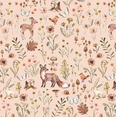 an animal themed wallpaper with flowers and plants on pink background, including deers