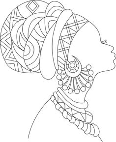 an african woman's profile with her hair styled in a turban and earrings