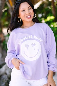 The happiest hour we can imagine is an hour, preferably many hours, at the beach! This sweatshirt is perfect for that too! The colors are gorgeous and we love the graphic itself! It's going to look great with white shorts! This sweatshirt features a crew neckline, long sleeves, a corded fabric, and a cute beachy graphic. Material has a generous amount of stretch.Cindy is wearing the small. Graphic Sweatshirt Outfit, Purple Graphic, Graphic Material, Floral Cocktail Dress, Black Tie Dress, Cruise Outfits, Long Sleeve Outerwear, Mint Julep Boutique, Two Piece Swimwear