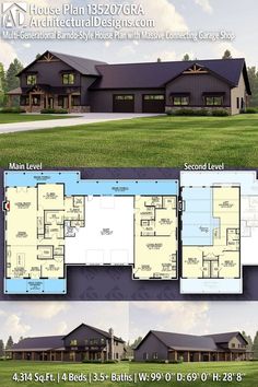 two story house plan with 3 car garage and attached living room, kitchen and dining area