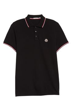 Bands of tricolor tipping ring the collar and sleeves of a polo tailored from breathable cotton piqué with a small cockerel logo anchoring the chest. 27" length (size Medium) Button half-placket Spread collar Short sleeves 100% cotton Dry clean or machine wash, dry flat Made in Turkey Men's Designer Clothing Designer Black Polo Shirt With Ribbed Collar, Designer Black Polo Shirt With Embroidered Logo, Classic Black Polo Shirt With Contrast Collar, Fitted Black Polo Shirt With Striped Collar, Black Polo Shirt With Contrast Trim And Short Sleeves, Black Short Sleeve Polo Shirt With Contrast Trim, Designer Black Polo Shirt For Work, Black Collared Tops With Striped Cuffs, Black Collared Top With Striped Cuffs