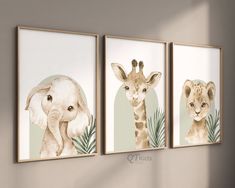 three paintings of giraffes and an elephant are hanging on the wall