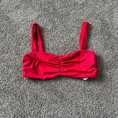 Ruched Red Bikini Top, No Padding Red Ruched Swimwear For Beach Season, Red Tankini For Sunbathing In Summer, Red Beachy Tankini, Red Summer Tankini For Pool, Red Stretch Summer Tankini, Red Summer Tankini For Beach Party, Red Summer Tankini For Beach Season, Red Spring Tankini For Poolside, Red Tankini For Spring Poolside