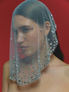 a woman wearing a veil with silver beads on it's head and shoulders, in front of a red background