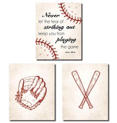 three baseball cards with the words never let the fear of striking out keep you from playing the game