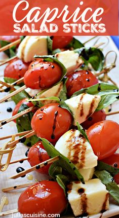 Caprice Salad Sticks Salads On A Stick, Caprese Salad Kabobs, Italian Party Appetizers For A Crowd, Caprese Salad On A Stick, Caprese Sticks Tomato Mozzarella, Veggie Toothpick Appetizers, Meatless Appetizers For Party, Caprese Appetizers Sticks, Vegetarian Toothpick Appetizers