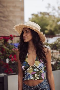 Free People Seraphina Floral Print Halter Crop Top - Olive Combo-FREE PEOPLE-Jayden P Boutique V-neck Halter Top With Built-in Bra For Vacation, Vacation V-neck Halter Top With Tie Back, Fitted V-neck Halter Top For Summer, Beach V-neck Halter Top, Summer V-neck Halter Top, Spring Vacation V-neck Halter Top, Fitted V-neck Halter Top For Beach, Summer Halter Top V-neck For Poolside, Beach Halter Top With V-neck And Built-in Bra