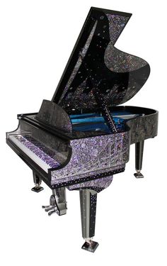 a black grand piano with purple and blue designs on it's sides, in front of a white background