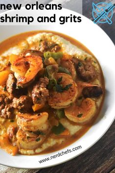 shrimp and grits in a white bowl on a wooden table with text overlay