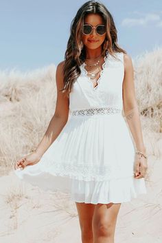 White Lace Crochet Flounce V Neck Sleeveless Mini Dress Mini Dresses Online, Crochet Mini Dress, Lace Crochet, Sleeveless Mini Dress, Lace Mini Dress, Mini Dresses, Body Shape, White Mini Dress, Style Dress