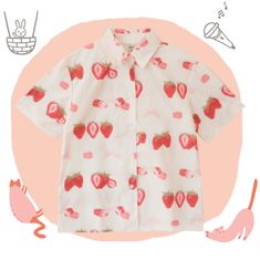 Free Shipping!! || Lolita Strawberry Print Short Sleeve Blouse Summer Short Sleeve Graphic Print Blouse, Summer Short Sleeve Blouse With Graphic Print, White Sweet Tops For Summer, Sweet White Summer Tops, Cute Summer Printed Blouse, Summer Graphic Print Short Sleeve Blouse, Summer Graphic Print Blouse With Short Sleeves, Sweet Short Sleeve Cotton Shirt, Summer Blouse With Graphic Print And Short Sleeves