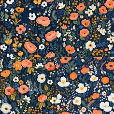 an orange and white flower pattern on a dark blue background with lots of small flowers