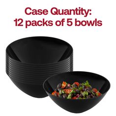 Approx. outer diameter: 8 ½" Approx. bottom diameter: 2 ½" Approx. height: 4" Capacity: 32 oz Case quantity: 12 packs of 5 bowls Color: Black Shape: Round Material: Plastic Disposable: One-time, single party use Recycling code: #6 PS Polystyrene BPA-free: Yes ~Section 2~ Solid black organic round disposable plastic bowls are the perfect choice for anyone looking for a stylish, eco-friendly solution for serving food at their events or parties. Made from high-quality organic plastic, these fancy d Plastic Bowls, Serving Food, Plastic Material, Solid Black, Bpa Free, Bowl, High Quality, Black