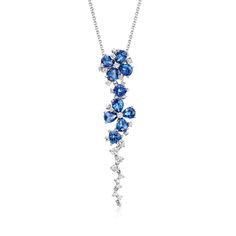 Ross-Simons - 4.00ct t. w. Sapphire, .50ct t. w. Diamond Flower Pendant Necklace. 18". Showcasing an artful cascade of the most elegant kind, our exceptional flower pendant necklace will be the captivating highlight of evening-out ensembles. Expressive 4.00 ct. t. w. pear-shaped and triangular sapphires beam a velvety blue hue, as .50 ct. t. w. round brilliant-cut diamonds present perfect twinkle. Finely crafted in polished 14kt white gold and stationed on a classic cable chain. Lobster clasp, d Sapphire And Diamond Necklace, Sapphire Diamond Necklace, Diamond Flower Pendant, Sapphire Birthstone, Present Perfect, Sapphire Pendant, Flower Pendant Necklace, Diamond Flower, Pendant Design