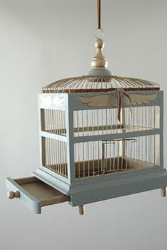 a bird cage hanging from the ceiling