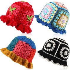 four crocheted hats are shown in three different colors