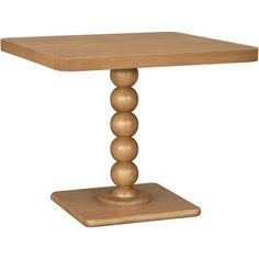 a square wooden table with three wood balls on it's base and a white background