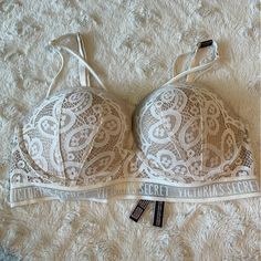 Slight Padding Wear With Straps Or Remove Straps For A Strapless Look! White Bra With Delicate Spaghetti Straps, White Spaghetti Strap Bra With Delicate Straps, White Spaghetti Strap Bra With Adjustable Straps, White Bandeau Bra With Adjustable Straps, White Padded Bandeau Bra, White Lace Bra With Straps, Purple Bralette, Multiway Bra, Victoria Secret Pink Bras