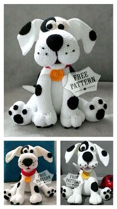 the stuffed dog is holding a sign that says free pattern and it's black and white