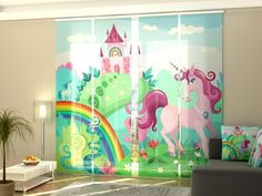 the curtains in this room are painted with pink unicorns and rainbows on them