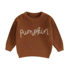 Keep your little one warm and on-trend with this cozy Pumpkin knitted sweater. Soft and cuddly, it features an embroidered 'pumpkin' text and comes in three autumn colors, perfect for chilly fall days. Winter Knit Sweater, Letter Embroidery, Embroidered Sweater, Autumn Cozy, Knitting Girls, Winter Clothes, Winter Knits, Girls Sweaters, Clothing Size Chart