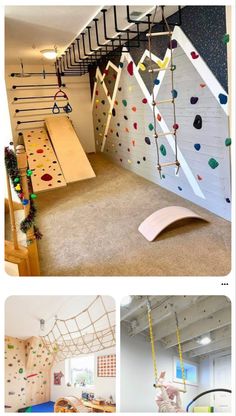 the indoor climbing wall is made from wood and has several different types of climbing ropes