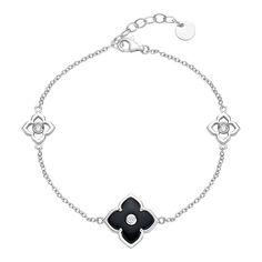 "This beautiful sterling silver black onyx and cubic zirconia flower pendant bracelet is the perfect accessory for just about any occasion. This beautiful sterling silver black onyx and cubic zirconia flower pendant bracelet is the perfect accessory for just about any occasion. Length: 7 in. with 1-in. extender Clasp: lobster-claw Metal: sterling silver Plating: rhodium Finish: polished Packaging: boxedSTONE DETAILS Stone type: cubic zirconia, onyx Total weight: 1 ct. Center stone weight: 1/5 ct Elegant Black Necklace With Flower Charm, Elegant Black Jewelry With Flower Charm, Elegant Sterling Silver Bracelets With Flower Charm, Black Cubic Zirconia Bracelet, Elegant Onyx Jewelry With Diamond Accents, Elegant Silver Bracelet With Flower Charm, Elegant Silver Bracelets With Flower Shape, Elegant Silver Bracelets In Flower Shape, Elegant Black Sterling Silver Round Bracelet