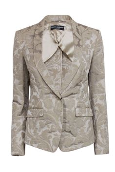 Elevate your style with Dolce & Gabbana's beige brocade blazer. Its single button and vintage flare add a touch of elegance to any outfit, whether you're dressing up for the office or keeping it casual with jeans and boots. Size 4 (IT 40) Made in Italy Shell 60% Cotton, 40% Polyester Lining 63% Polyester, 37% Cupro Single button closure Two front flap pockets Bust 34" Waist 31" Shoulder to hem 24.5" Shoulder to shoulder 15.5" Sleeve length 24" Jacquard Blazer With Notch Lapel For Work, Fitted Jacquard Blazer For Spring, Festive Elegant Workwear Suits, Elegant Fitted Festive Blazer, Elegant Spring Jacquard Blazer, Festive Tailored Elegant Blazer, Spring Elegant Jacquard Blazer, Elegant Jacquard Blazer For Spring, Elegant Jacquard Blazer For Party