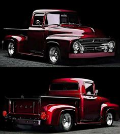 two pictures of an old red truck with chrome rims and flat bed, in the dark