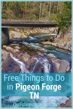 a river flowing under a bridge with the words free things to do in pigeon gorge tn