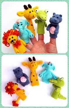 crocheted finger puppets are arranged in the shape of giraffes