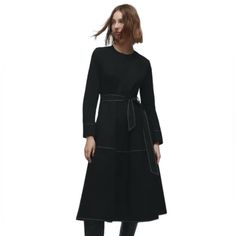 Zara X-Small Black The Ula Dress New With Tags 100% Cotton, Machine Washable Features: -Cotton Midi Dress -Pockets -Round Neck -Long Sleeves -Self Tied Belt -Contrasting White Stitching Measurements: Shoulder To Shoulder: 15" Ptp: 17" Sleeve Length: 23" Length: 47" (Approximate) Black Midi Dress For Workwear In Fall, Black Midi Dress For Work In Fall, Black Midi Dress For Workwear In Winter, Spring Black Belted Dress, Black Midi Dress For Winter Workwear, Black Midi Dress For Work In Winter, Black Cotton Midi Dress For Fall, Black Belted Dress For Winter, Winter Black Belted Dress