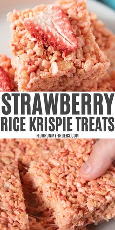 strawberry rice krispie treats stacked on top of each other with the title text overlay