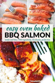 easy oven baked bbq salmon with rice and green beans