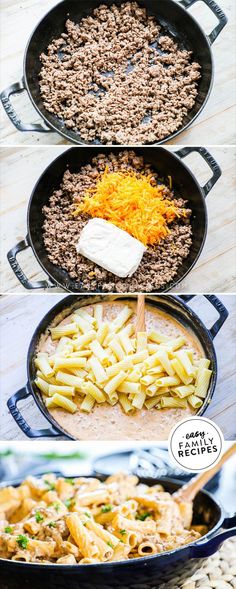 four different pans filled with food on top of a table