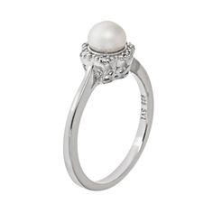 How lovely. A freshwater cultured pearl makes this flower ring the perfect pick. Accentuate your natural beauty with this sterling silver ring. Click on this JEWELRY & WATCHES GUIDE to learn about fit, styles, materials and more! Studs add interest to the floral design. Scrollwork adorns the sides of the setting. Ring comes in a gift box. Details: 6-mm cultured pearl 8-mm width Rhodium-plated sterling silver Gemstones may have been treated to enhance their appearance. Special care may be require Elegant White Gold Solitaire Flower Ring, Elegant Flower Ring With Birthstone For Anniversary, Elegant White Gold Flower Ring With Birthstone, Delicate White Gold Pearl Ring For Anniversary, Elegant Pearl Ring With Birthstone, Elegant Pearl Birthstone Ring, Classic White Gold Pearl Ring With Halo Design, Elegant Solitaire Flower Ring For Formal Occasions, Elegant Sterling Silver Pearl Ring With Prong Setting