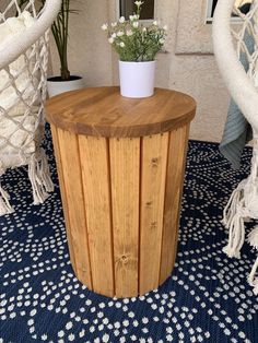 a potted plant sitting on top of a wooden table next to a hammock