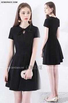 Retro Chic Short Sleeve Little Black Dress With Bow Knot Black Short Sleeve Office Lady Dress, Black Dress With Bow And Short Sleeves, Black Short Sleeve Dress With Bow, Black Knee-length Dress With Bow, Black Short Sleeve Semi-formal Dress, Black Short Sleeve Mini Dress For Office, Black Short Sleeve Office Dress, Black Mini Dress With Short Sleeves For Office, Black Knee-length Mini Dress With Bow